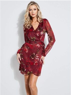 Guess LS Camilla Floral Faux Wrap Lurex Mini Dress NWT Garnet Wine Size 4